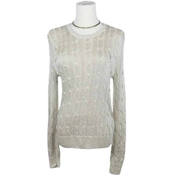 Polo Ralph Lauren Metallic Gold Cable Knit Crewneck Sweater Cotton Blend | Large - Picture 2 of 12